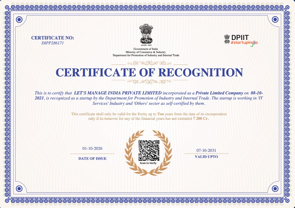 DPIIT Certificate of Recognition for Let's Manage India Private Limited — Certificate No. DIPP286171